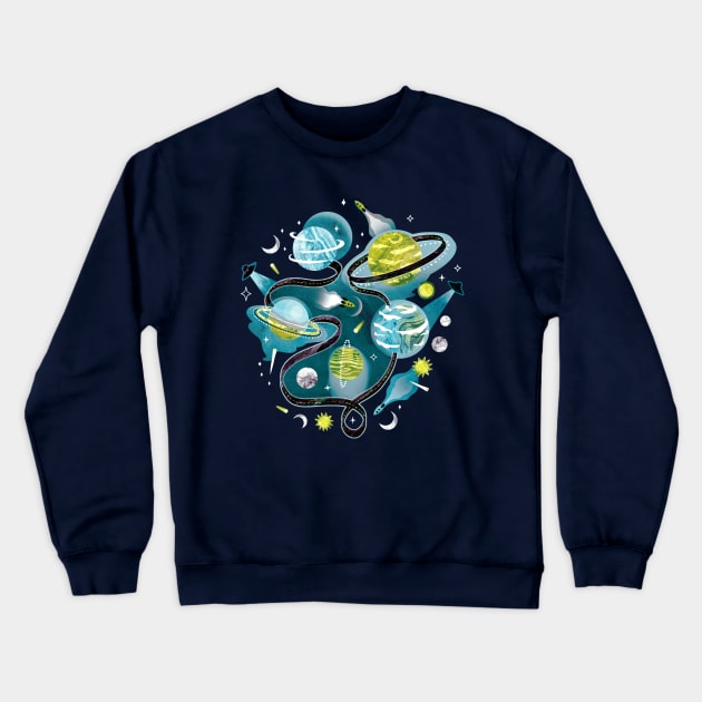 Highway to Intergalactic Alien Adventures - Green & Teal Crewneck Sweatshirt by TigaTiga